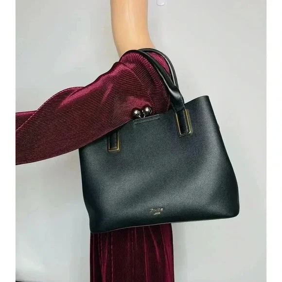 Dune London Faux Pebbled Leather black Medium Tote Bag gold hardware - Picture 9 of 9